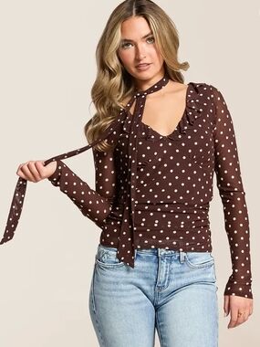 Polka Dot Mesh Top With Detachable Scarf, EUC